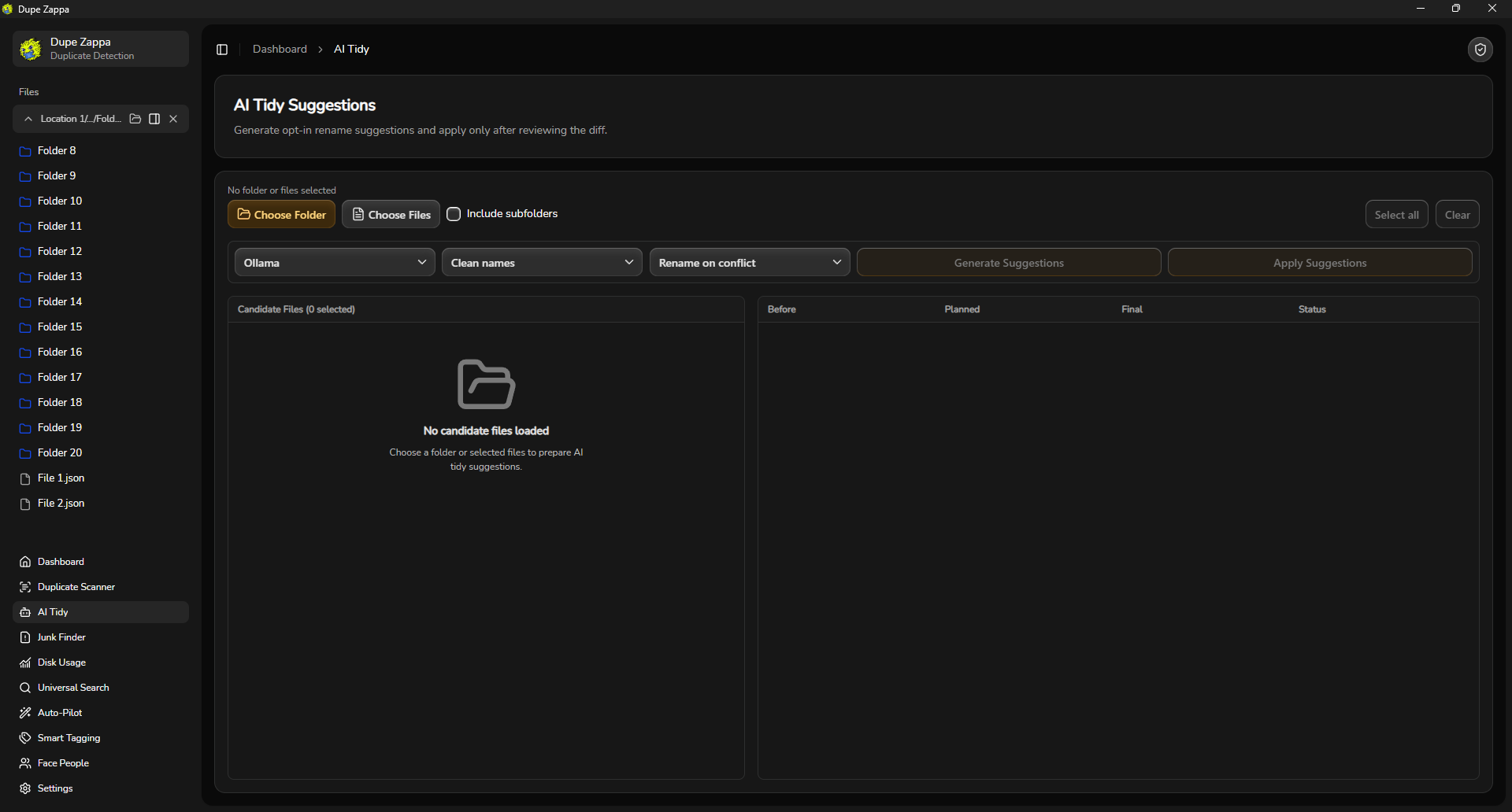 AI Tidy Suggestions panel