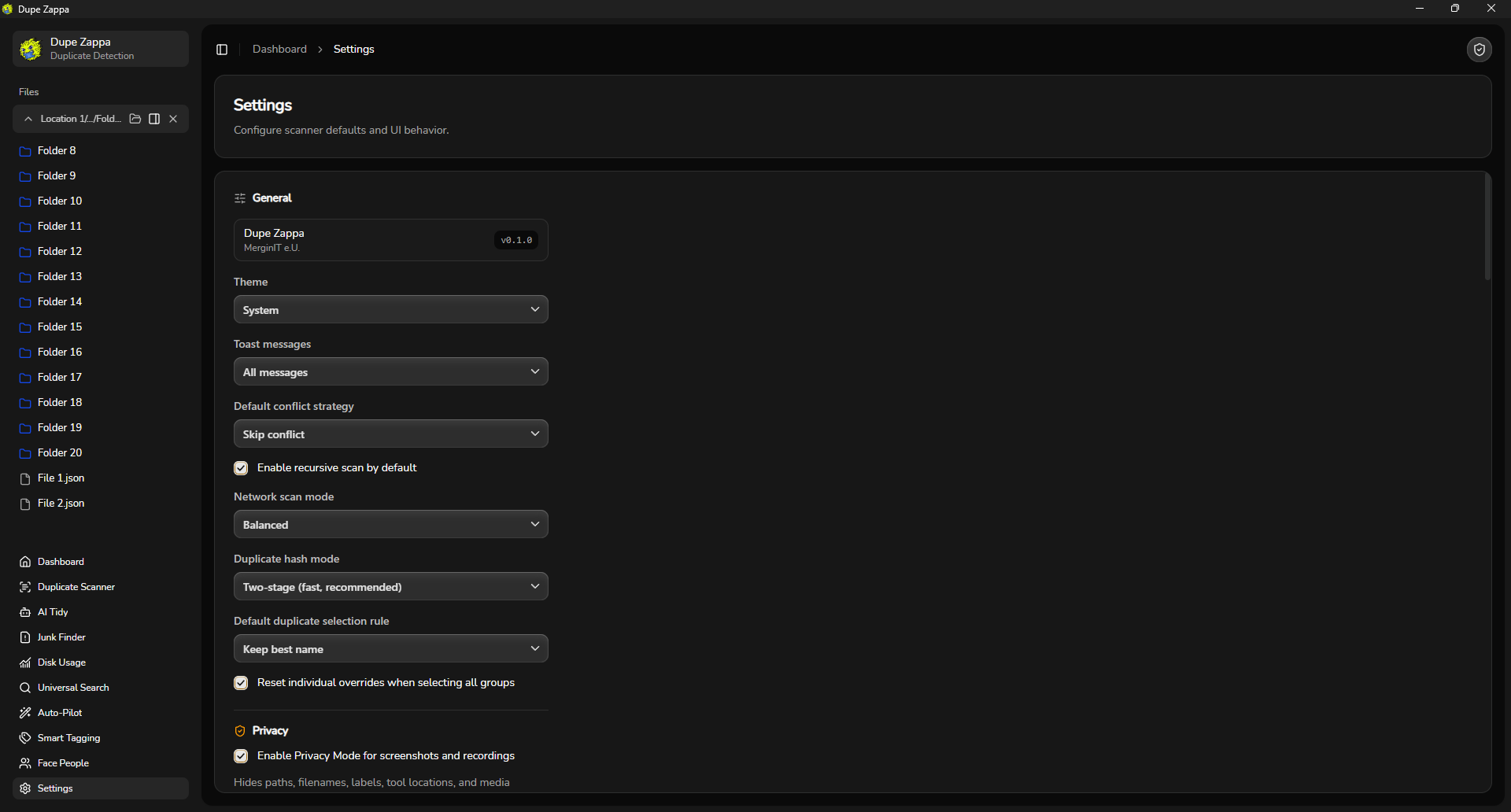 DupeZappa Settings panel