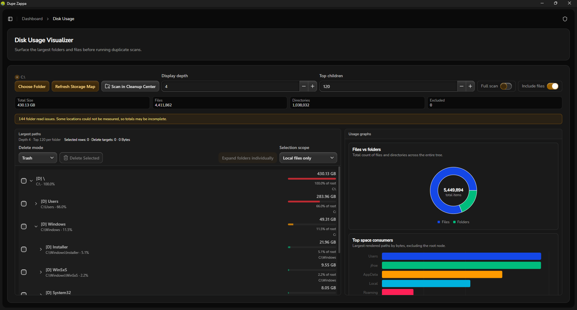 Disk Usage Visualizer with folder trees and format breakdown
