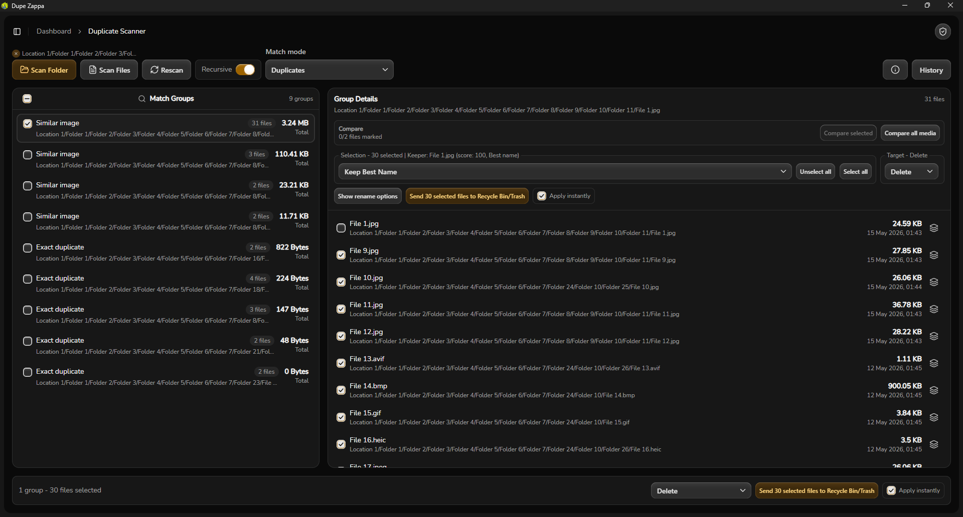 Duplicate Scanner showing match groups and side-by-side preview
