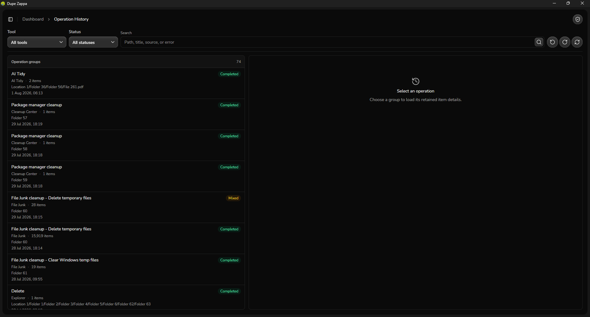 Operation History log with group undo and redo