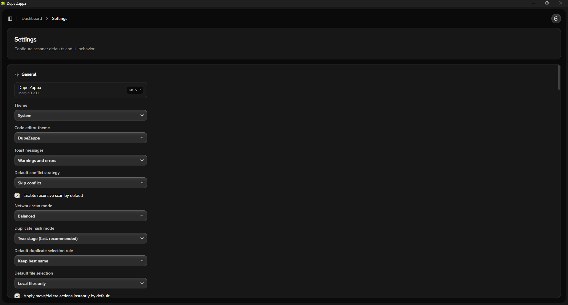 DupeZappa Settings and configuration panel